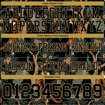 Custom Black Old Gold 3D Pattern Tiger And Peacock Mesh Authentic Football Jersey