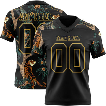 Custom Black Old Gold 3D Pattern Tiger And Peacock Mesh Authentic Football Jersey