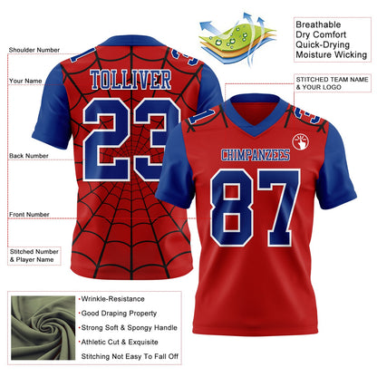 Custom Red Royal-White 3D Pattern Spider Web Mesh Authentic Football Jersey