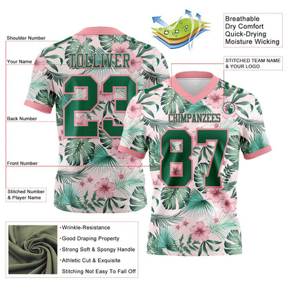 Custom Medium Pink Kelly Green 3D Pattern Hawaii Palm Leaves And Flowers Mesh Authentic Football Jersey