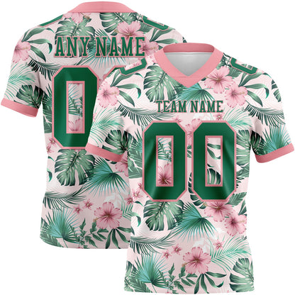 Custom Medium Pink Kelly Green 3D Pattern Hawaii Palm Leaves And Flowers Mesh Authentic Football Jersey