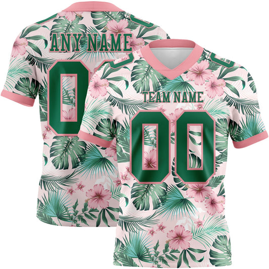 Custom Medium Pink Kelly Green 3D Pattern Hawaii Palm Leaves And Flowers Mesh Authentic Football Jersey