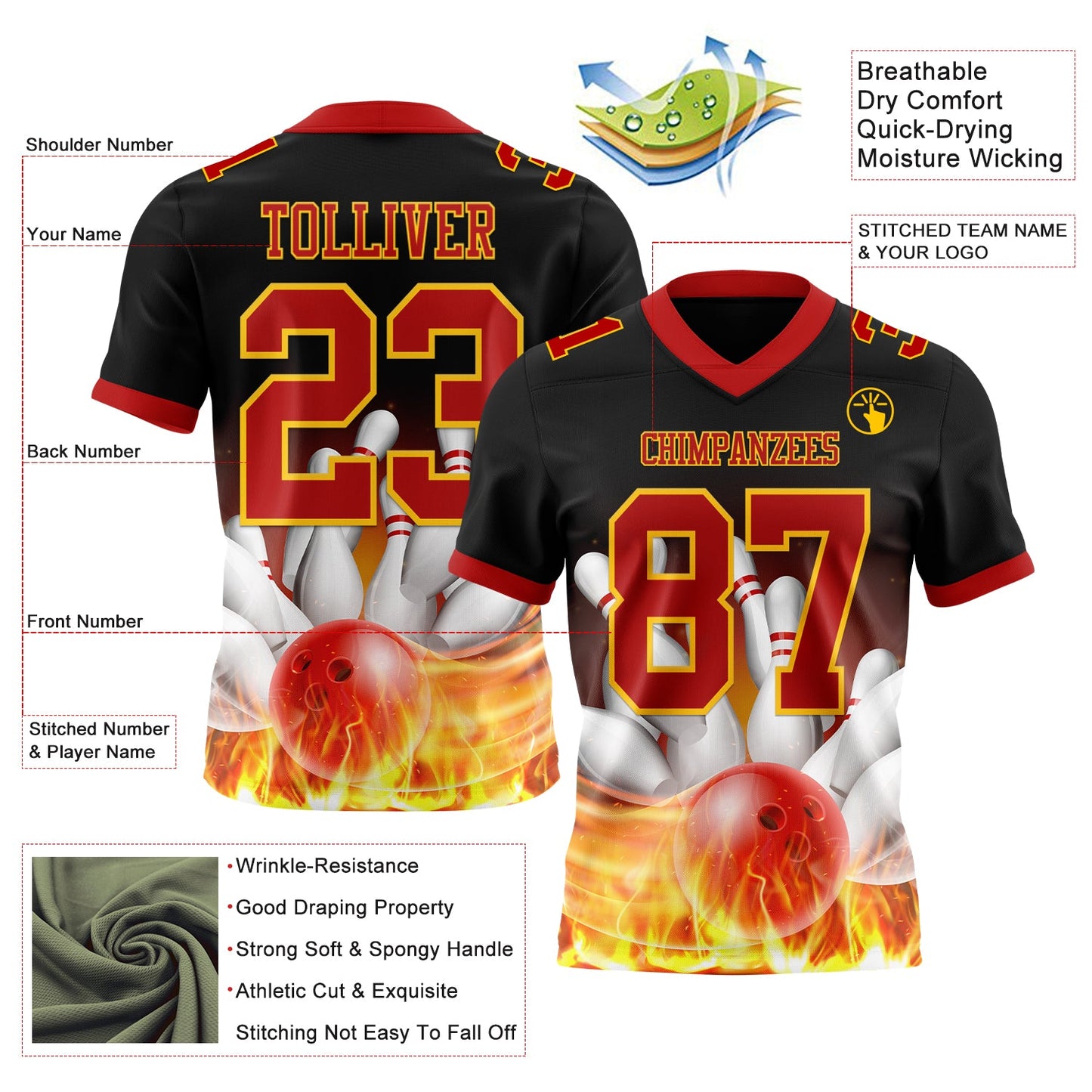Custom Black Red-Yellow 3D Pattern Flame Bowling Mesh Authentic Football Jersey