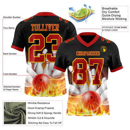 Custom Black Red-Yellow 3D Pattern Flame Bowling Mesh Authentic Football Jersey