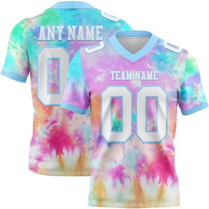 Custom Tie Dye White-Light Blue 3D Pattern Rainbow Mesh Authentic Football Jersey