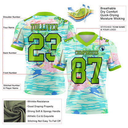 Custom Lakes Blue Neon Green-Navy 3D Pattern Beach Hawaii Palm Trees And Flamingo Mesh Authentic Football Jersey