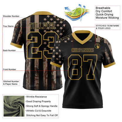 Custom Black Old Gold 3D Pattern American Flag Mesh Authentic Football Jersey