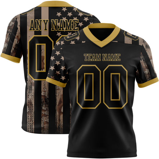 Custom Black Old Gold 3D Pattern American Flag Mesh Authentic Football Jersey