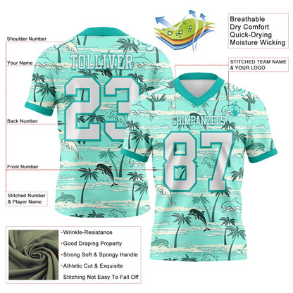 Custom Aqua White 3D Pattern Hawaii Palm Trees Mesh Authentic Football Jersey