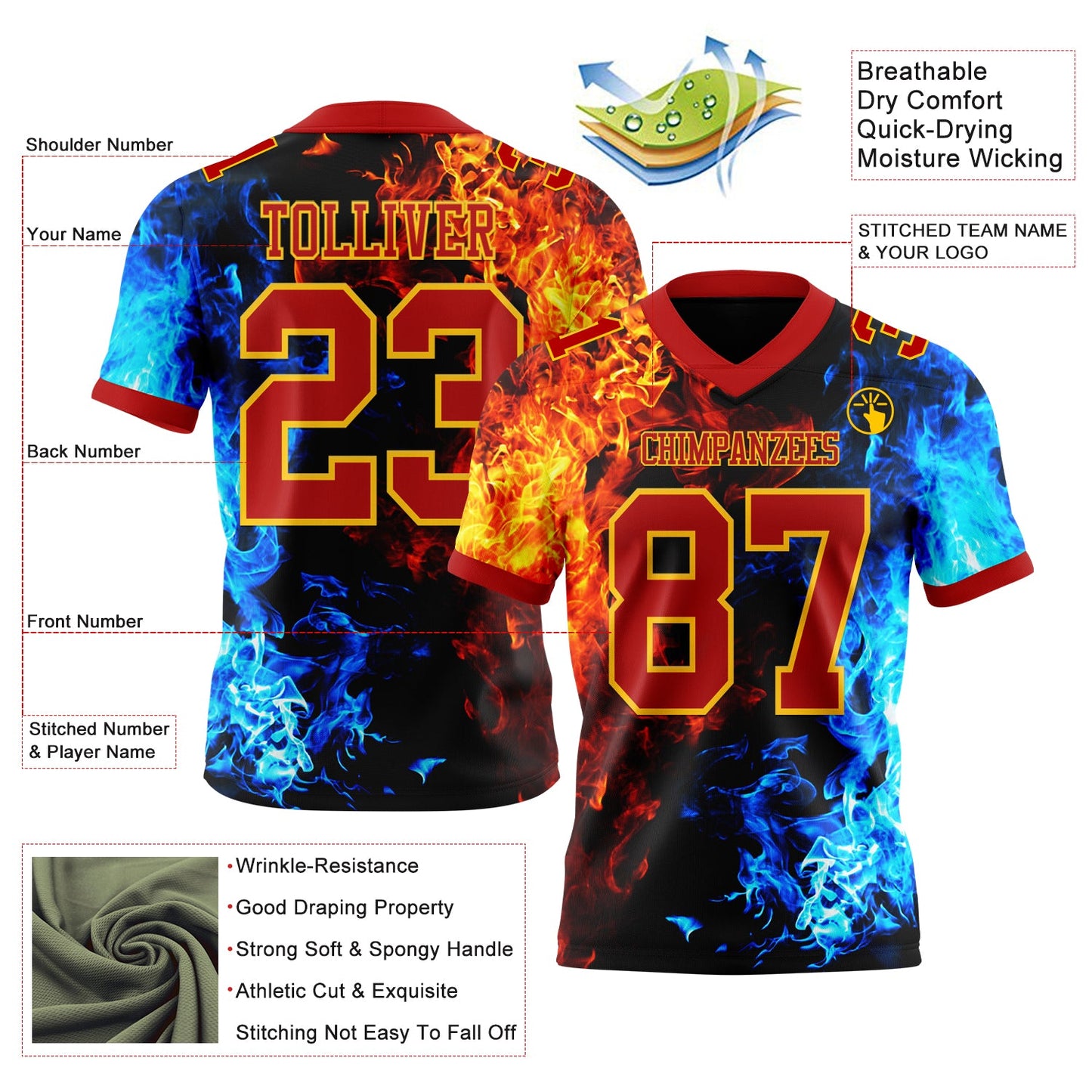 Custom Red Gold 3D Pattern Flame Mesh Authentic Football Jersey