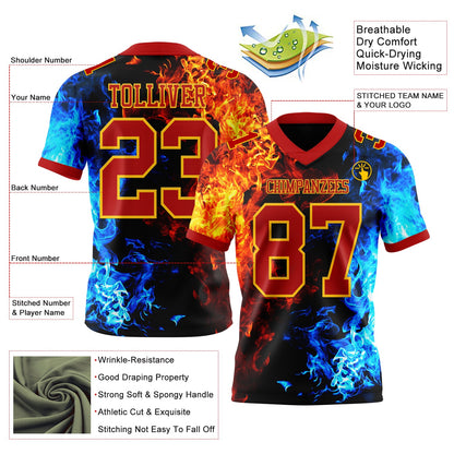 Custom Red Gold 3D Pattern Flame Mesh Authentic Football Jersey