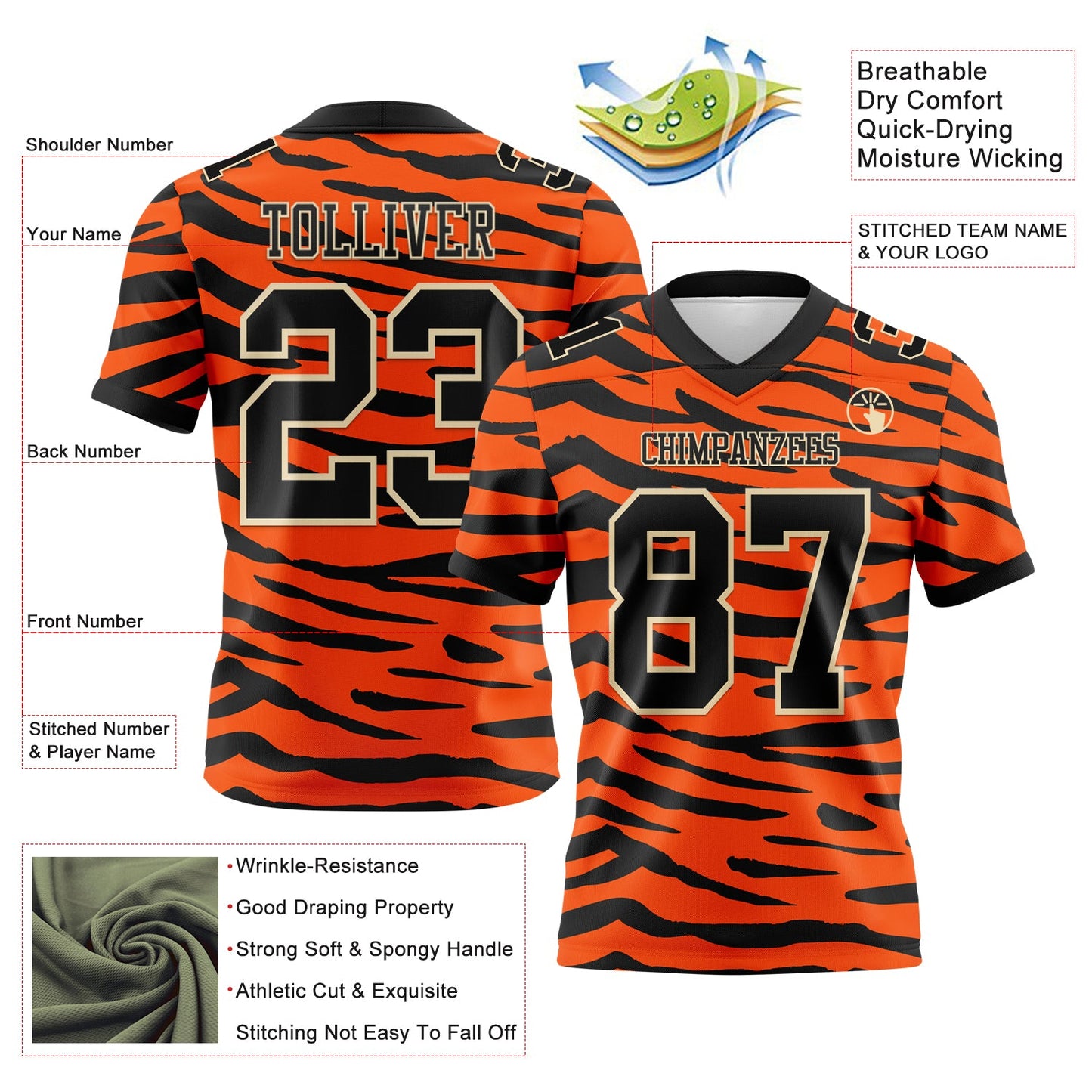 Custom Orange Black-Cream 3D Pattern Tiger Print Mesh Authentic Football Jersey