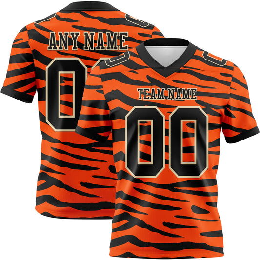 Custom Orange Black-Cream 3D Pattern Tiger Print Mesh Authentic Football Jersey