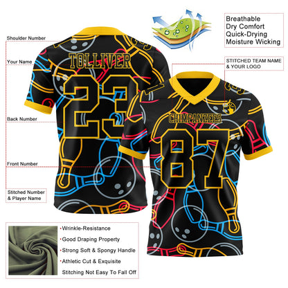 Custom Black Yellow 3D Pattern Bowling Mesh Authentic Football Jersey
