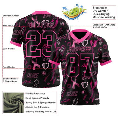 Custom Black Pink 3D Pattern Pink Ribbon Breast Cancer Awareness Month Women Health Care Support Mesh Authentic Football Jersey