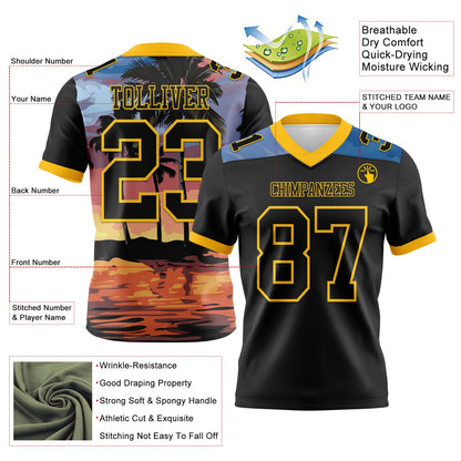 Custom Black Yellow 3D Pattern Tropical Hawaii Palm Trees Mesh Authentic Football Jersey