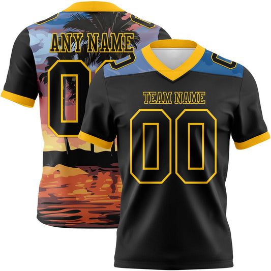 Custom Black Yellow 3D Pattern Tropical Hawaii Palm Trees Mesh Authentic Football Jersey