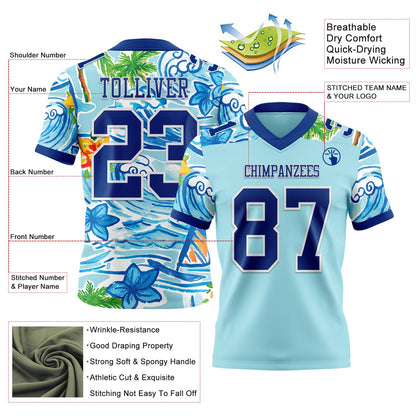 Custom Ice Blue Royal-White 3D Pattern Beach Hawaii Palm Trees And Flowers Mesh Authentic Football Jersey