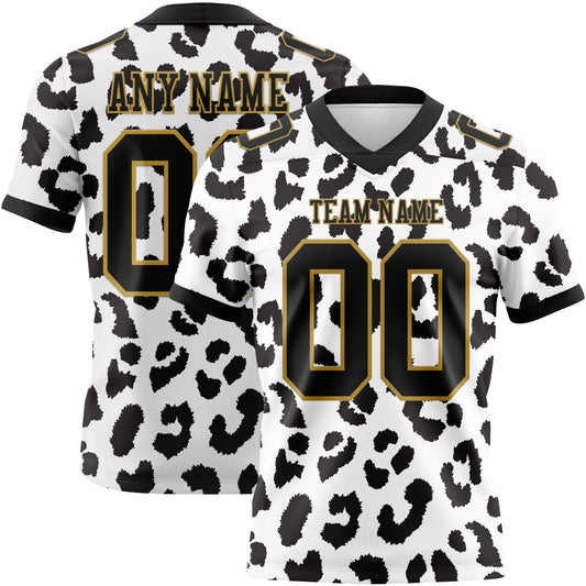 Custom White Black-Old Gold 3D Pattern Leopard Print Mesh Authentic Football Jersey