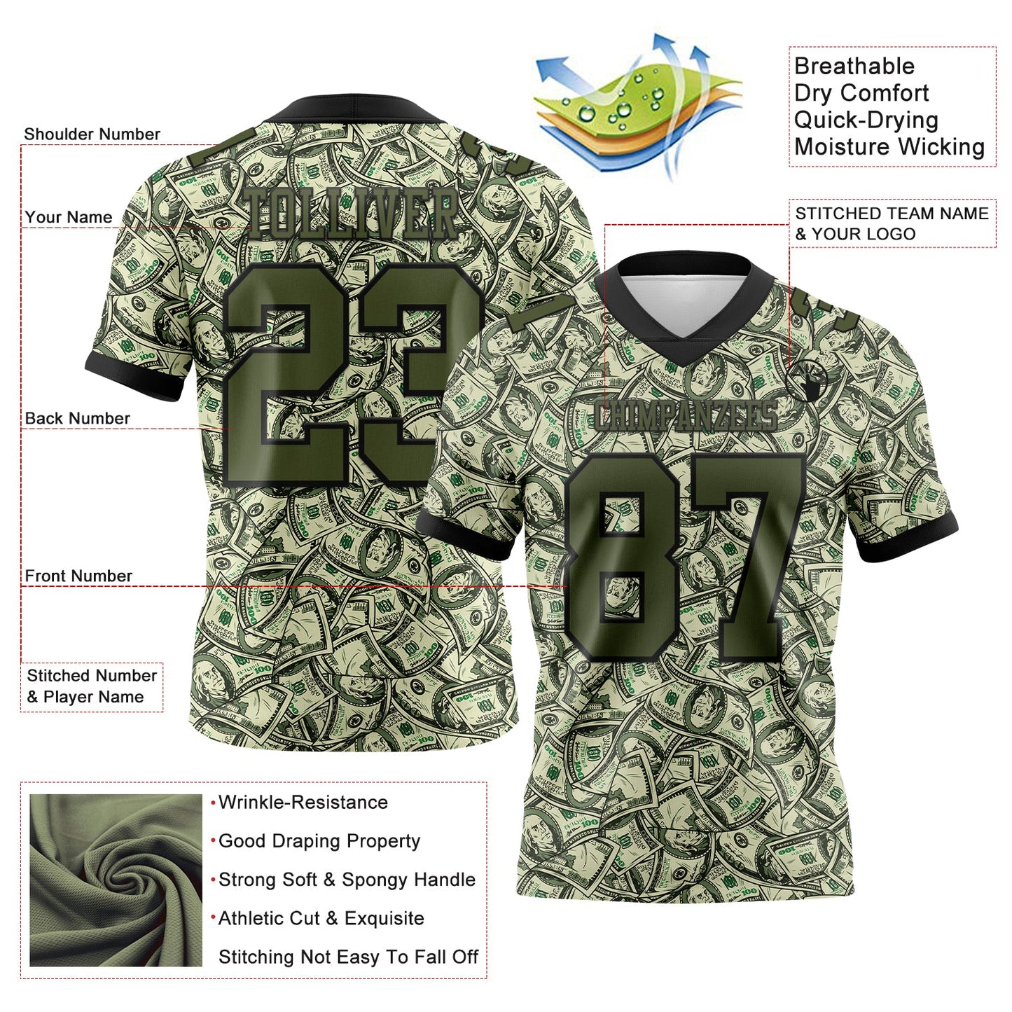 Custom Green Olive-Black 3D Pattern Dollar Mesh Authentic Football Jersey