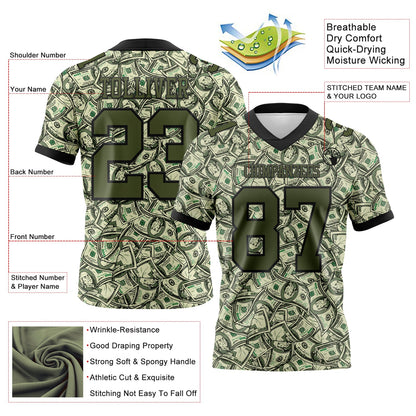 Custom Green Olive-Black 3D Pattern Dollar Mesh Authentic Football Jersey