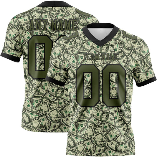 Custom Green Olive-Black 3D Pattern Dollar Mesh Authentic Football Jersey