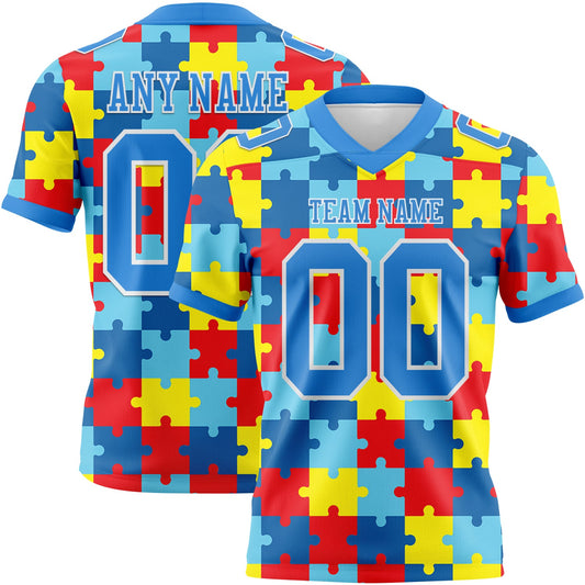 Custom Powder Blue White 3D Pattern Autism Awareness Puzzle Pieces Mesh Authentic Football Jersey