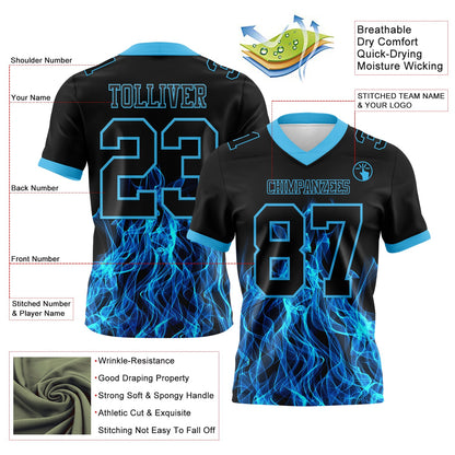 Custom Black Sky Blue 3D Pattern Flame Mesh Authentic Football Jersey