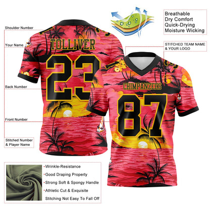 Custom Red Black-Yellow 3D Pattern Sun Beach Hawaii Palm Trees Mesh Authentic Football Jersey