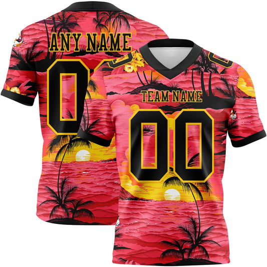 Custom Red Black-Yellow 3D Pattern Sun Beach Hawaii Palm Trees Mesh Authentic Football Jersey