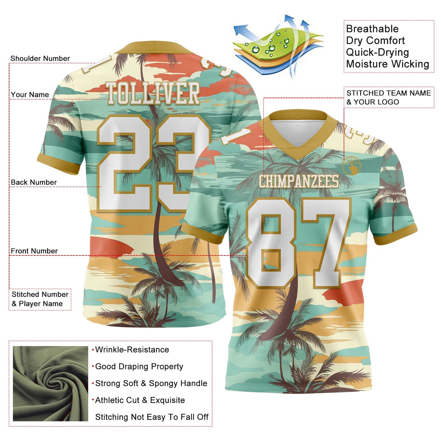 Custom Aqua White-Old Gold 3D Pattern Tropical Hawaii Palm Trees Mesh Authentic Football Jersey