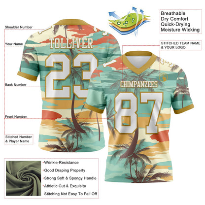 Custom Aqua White-Old Gold 3D Pattern Tropical Hawaii Palm Trees Mesh Authentic Football Jersey
