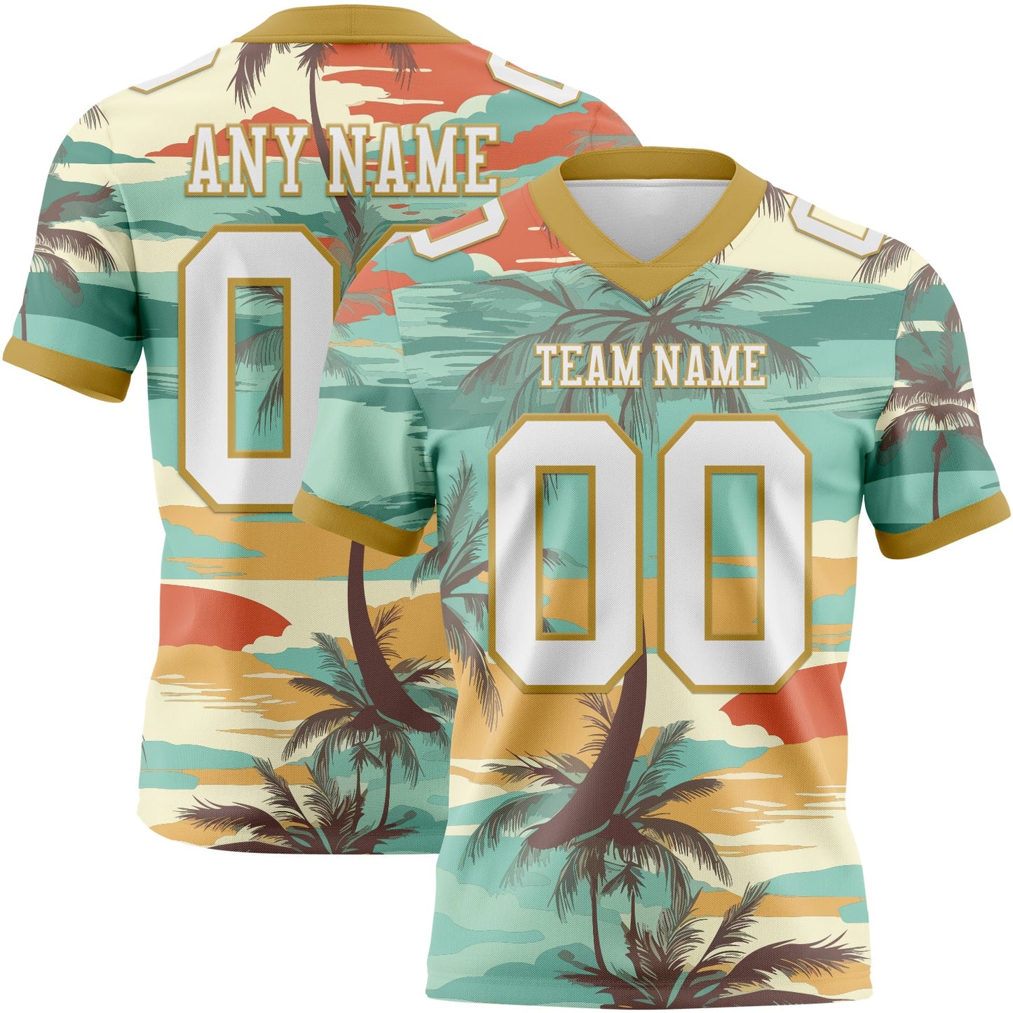 Custom Aqua White-Old Gold 3D Pattern Tropical Hawaii Palm Trees Mesh Authentic Football Jersey