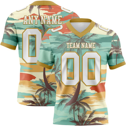 Custom Aqua White-Old Gold 3D Pattern Tropical Hawaii Palm Trees Mesh Authentic Football Jersey