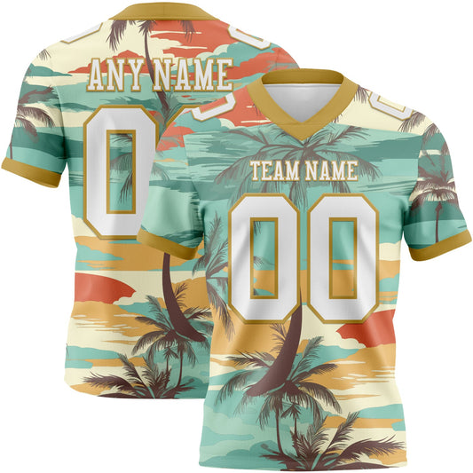 Custom Aqua White-Old Gold 3D Pattern Tropical Hawaii Palm Trees Mesh Authentic Football Jersey