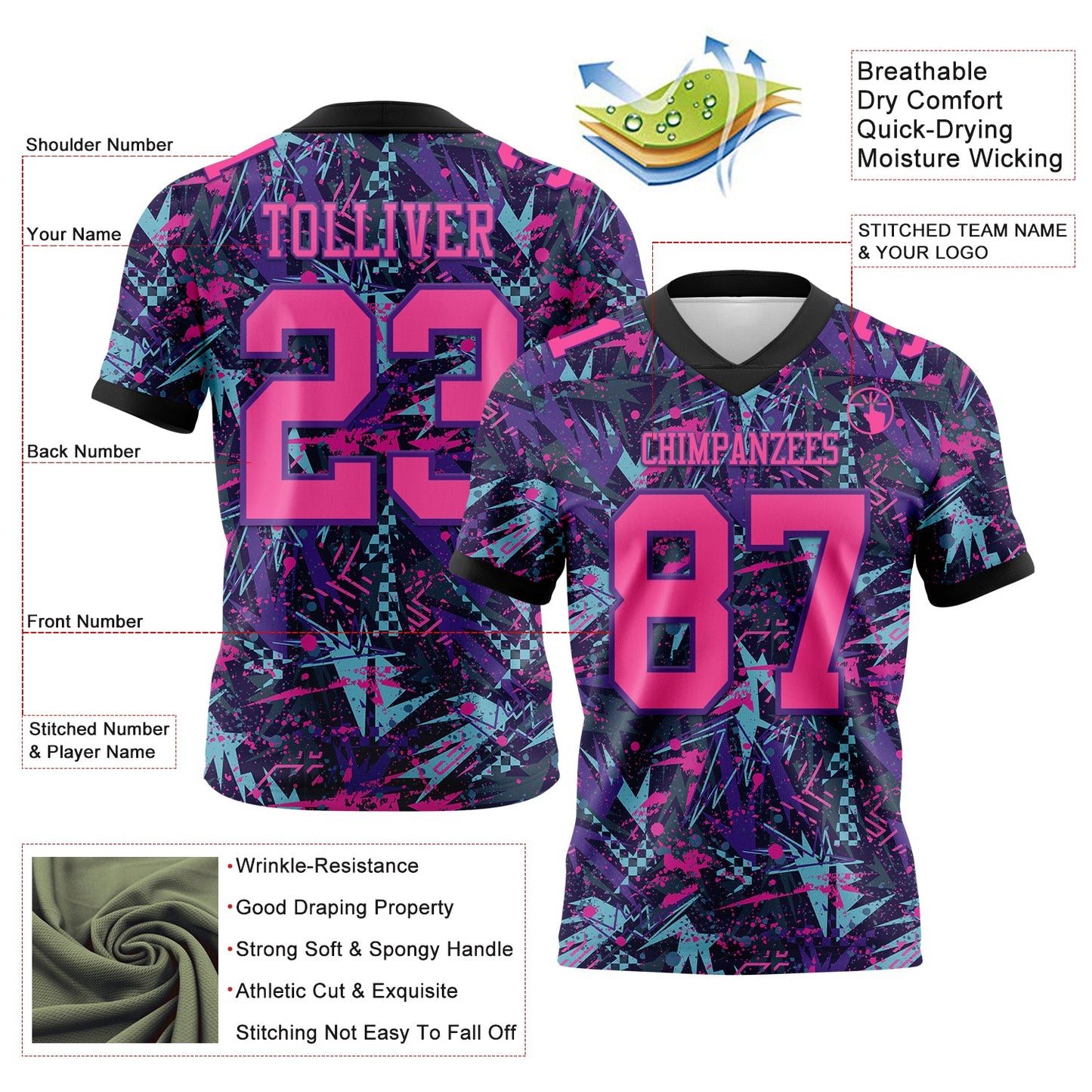 Custom Graffiti Pattern Pink Purple-Black 3D Pattern Creative Geometric Figures And Dots Mesh Authentic Football Jersey