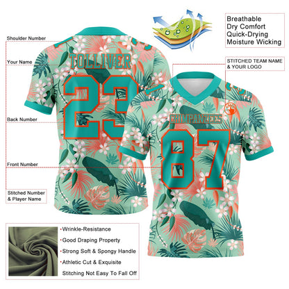 Custom Teal Orange 3D Pattern Hawaii Palm Leaves And Flowers Mesh Authentic Football Jersey
