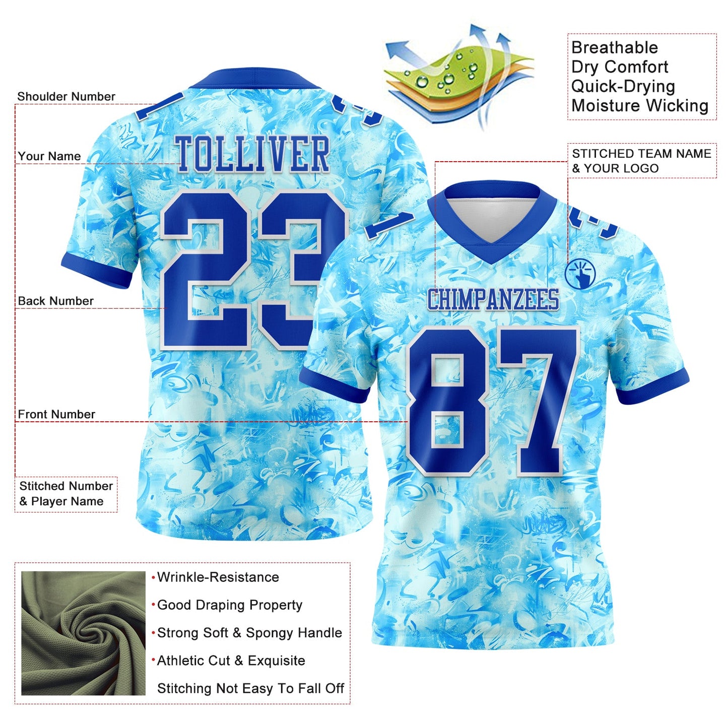 Custom Graffiti Pattern Thunder Blue-White 3D Pattern Scratch Mesh Authentic Football Jersey