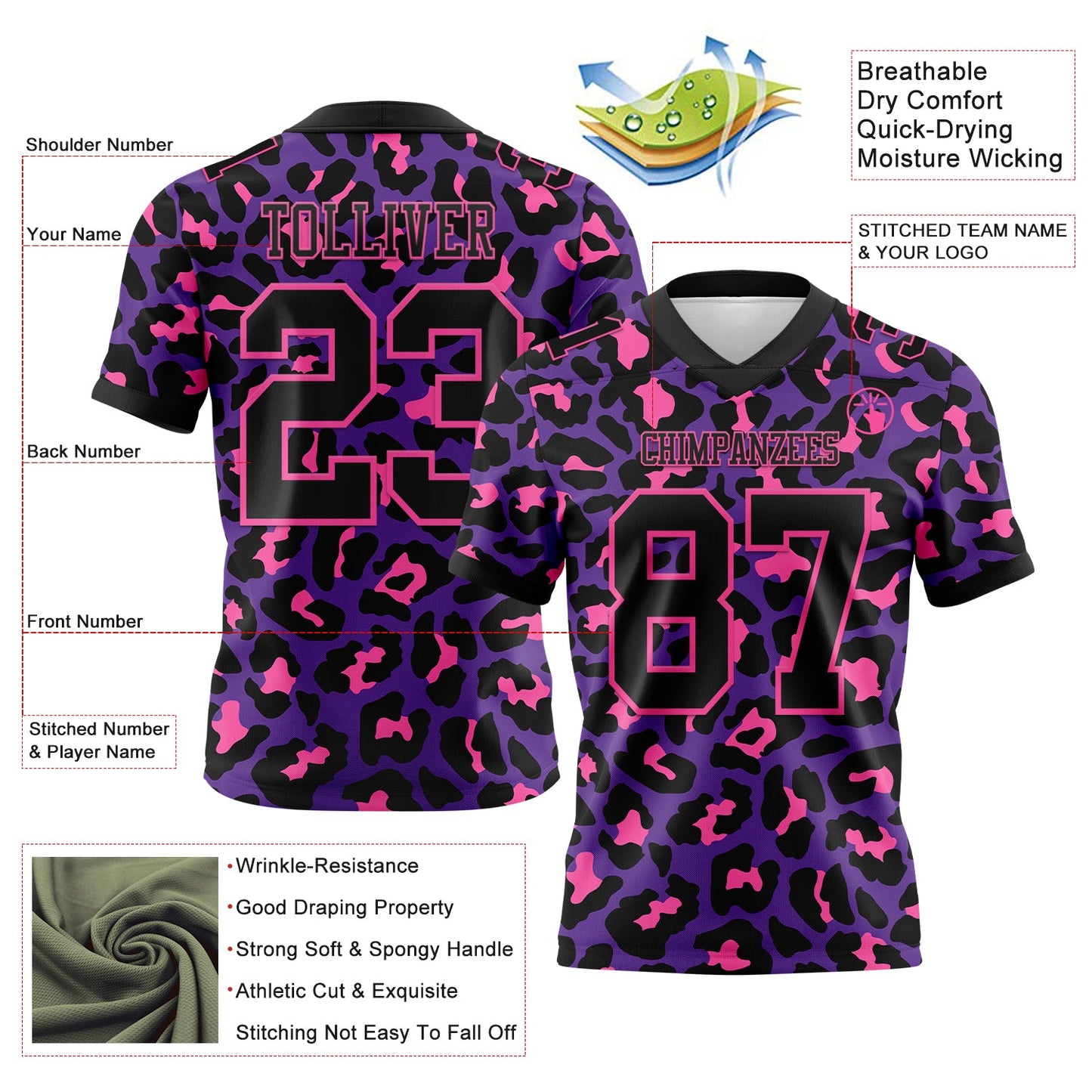 Custom Purple Black-Pink 3D Pattern Leopard Print Mesh Authentic Football Jersey