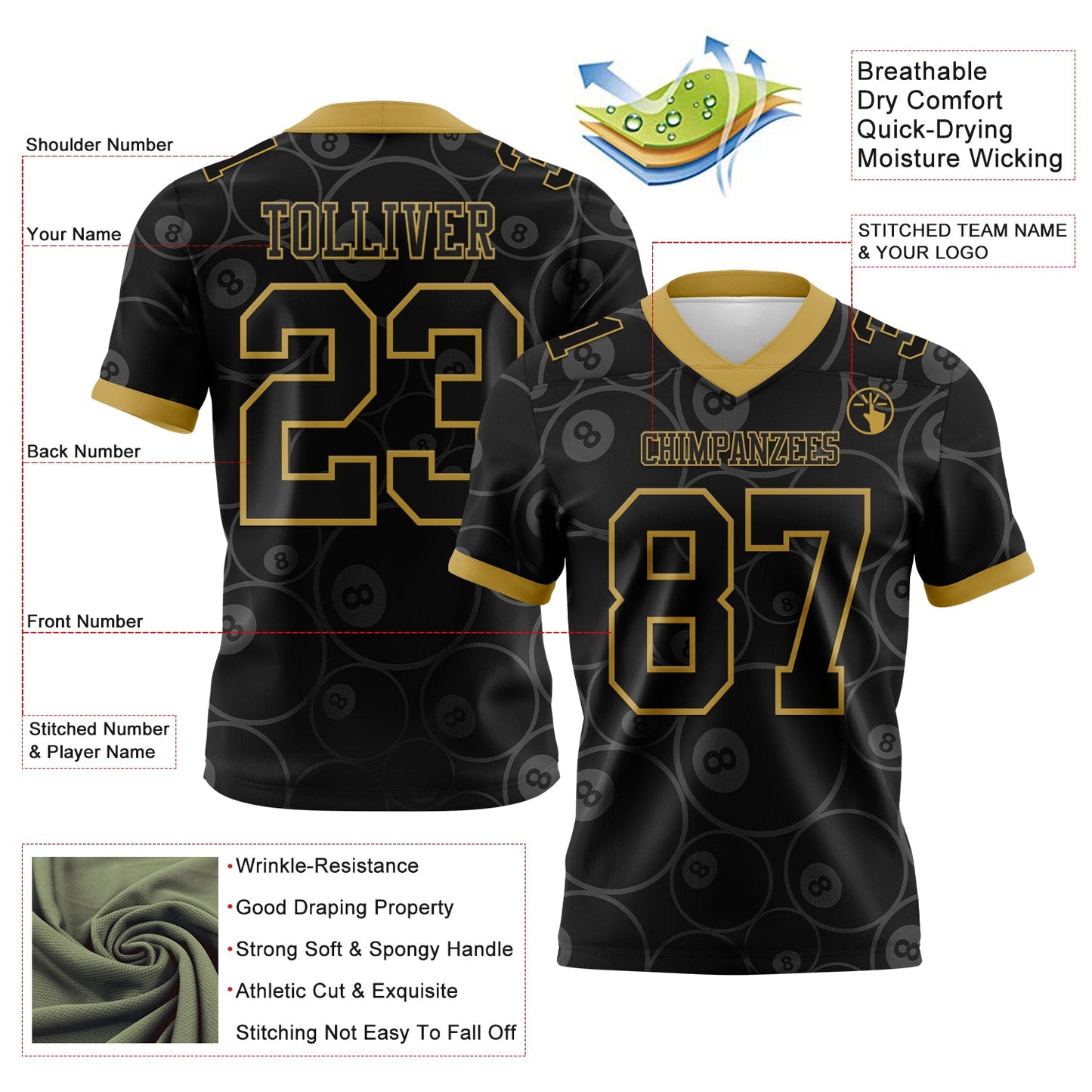 Custom Black Old Gold 3D Pattern Billiards Snooker 8 Ball Mesh Authentic Football Jersey