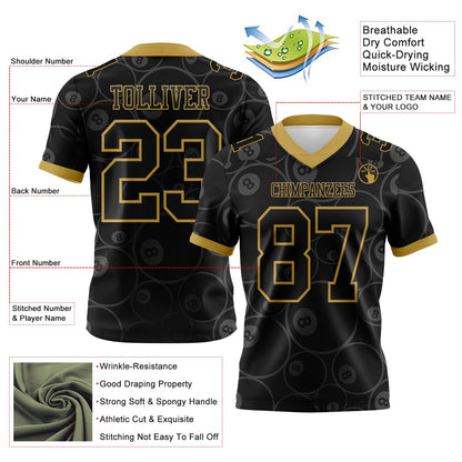 Custom Black Old Gold 3D Pattern Billiards Snooker 8 Ball Mesh Authentic Football Jersey