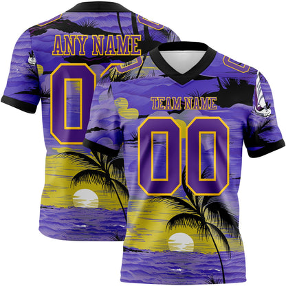 Custom Purple Black-Yellow 3D Pattern Sun Beach Hawaii Palm Trees Mesh Authentic Football Jersey