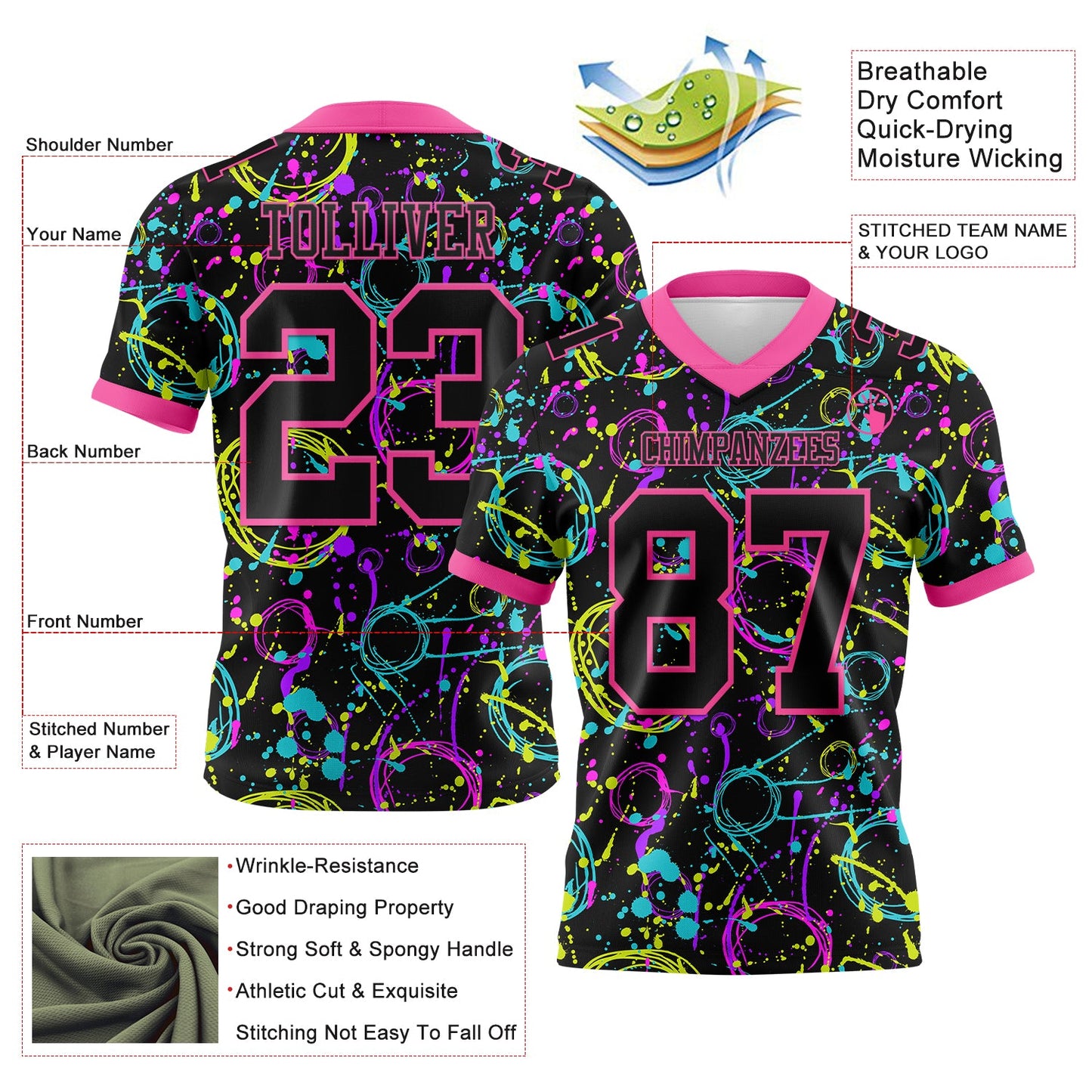 Custom Graffiti Pattern Black-Pink 3D Pattern Neon Splash Mesh Authentic Football Jersey
