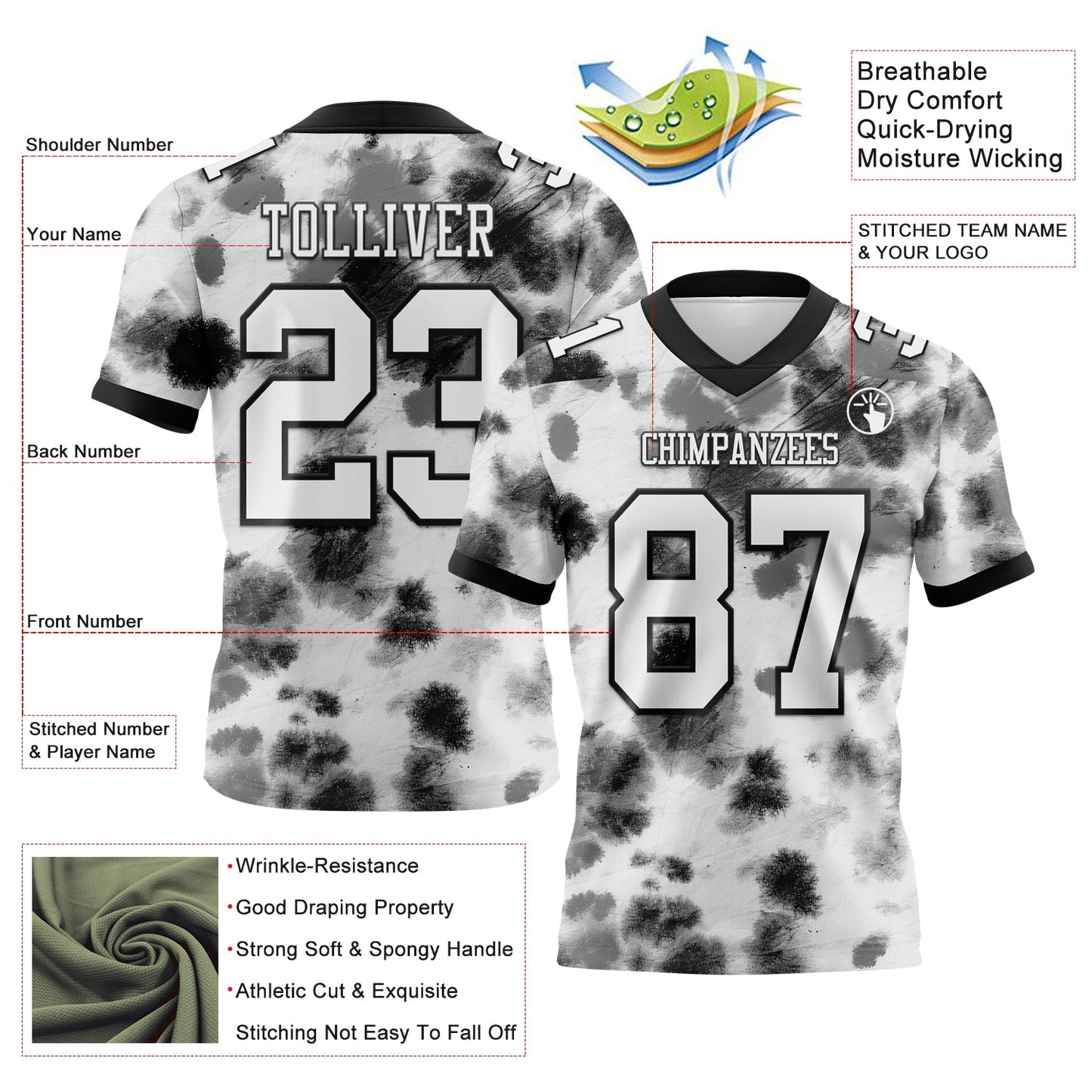 Custom Tie Dye White-Black 3D Pattern Mesh Authentic Football Jersey