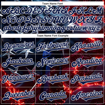 Custom Blue Navy-White 3D Pattern Design Outer Space Light Swords American Flag Authentic Baseball Jersey