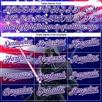 Custom Blue Purple-White 3D Pattern Design Outer Space Light Swords American Flag Authentic Baseball Jersey