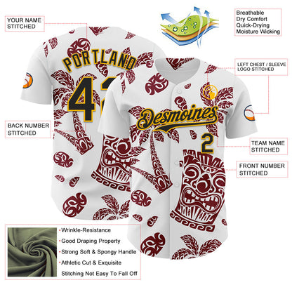 Custom White Black Crimson-Gold 3D Polynesian Style Tiki Culture Islander Authentic Baseball Jersey