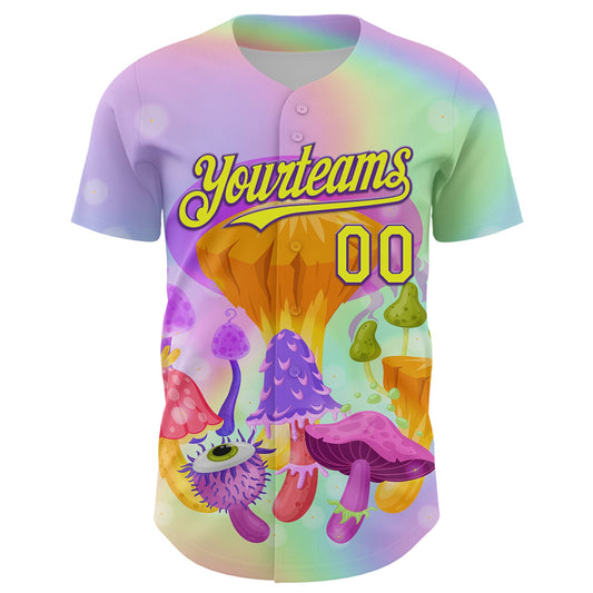 Custom Purple Neon Yellow 3D Pattern Design Trippy Psychedelic Magic Mushrooms Authentic Baseball Jersey