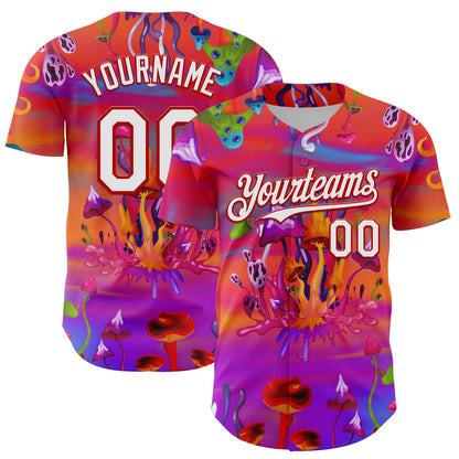 Custom Red White 3D Pattern Design Trippy Psychedelic Magic Mushrooms Authentic Baseball Jersey