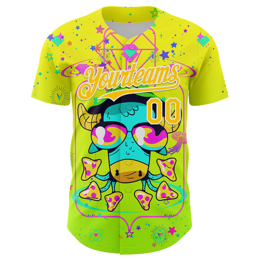 Custom Gold Yellow Green-White 3D Pattern Design Trippy Psychedelic Magic Mushrooms Authentic Baseball Jersey